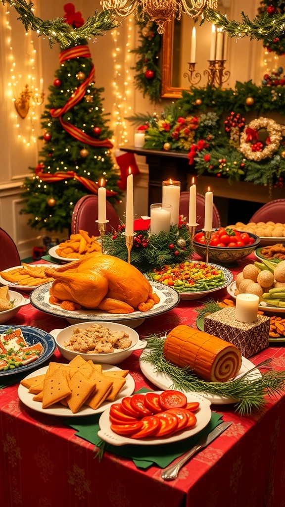 A festive Christmas buffet table with roasted turkey, vegetable platters, and holiday desserts.